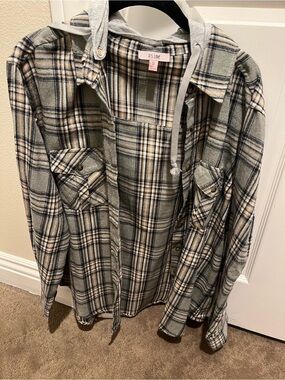 P.S. Love Green Plaid Button-Down Shirt with Removable Hood